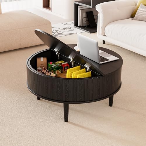 Round Fluted Lift Top Coffee Table with Storage, Mid Century Modern Coffee Table for Living Room, Home Small Space,31.5" Fluted Center Table (Black, 31.5inch) - Image 4