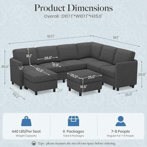Belffin 107.1" 8 Seats U Shaped Couch Modular Sectional Sofa Seat Couch with Storage Comfy Washable Sectional Couches for Living Room Sofas Set with Chaise,Dark Grey - Image 2