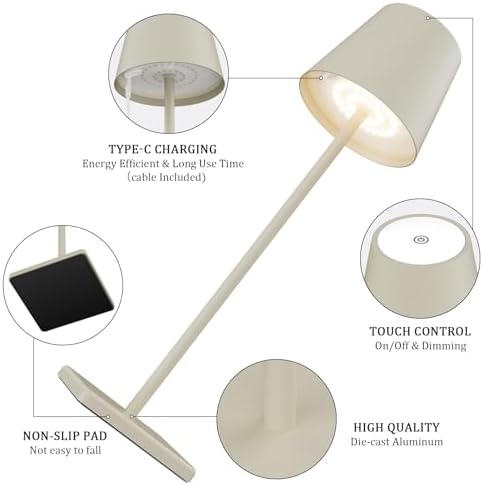 Off White Cordless Table Lamp, 5000mAh LED Rechargeable Desk Lamp - Image 3