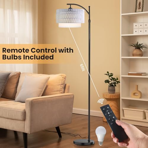 Yusist Arc Floor Lamp for Living Room,Farmhouse Floor Lamps with Remote Control & Dimmable Bulb,White Rattan Boho Tall Standing Lamp for Bedroom Office - Image 6