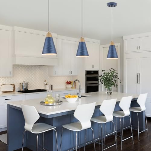 Dijiahua Blue Kitchen Pendant Lighting Over Island 3 Pack,Small Modern Farmhouse Chandeliers Navy Hammered Metal Shade,Mini Vintage Adjustable Cord Hanging Ceiling Lamp Fixtures Over Sink - Image 2