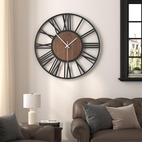 Cuspin 30 Inch Large Wall Clock Black Metal Frame with Walnut Wood Dial - Image 2