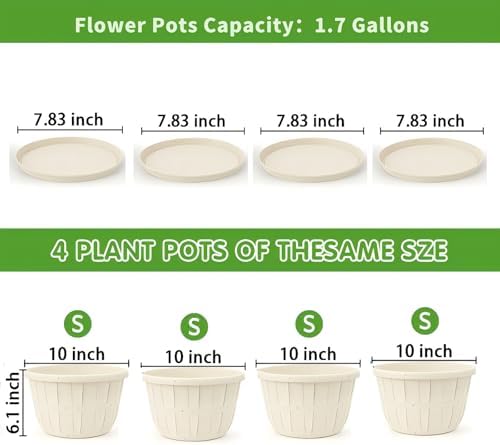 Quarut 4 Pack 10 inch Flower Pots,Plastic Plants Pots Outdoor - Image 4