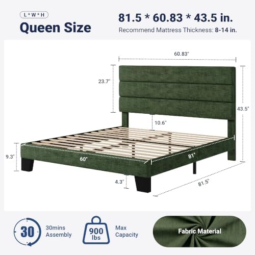 Allewie Queen Size Platform Bed Frame with Fabric Upholstered Headboard and Wooden Slats Support, Fully Upholstered Mattress Foundation/No Box Spring Needed/Easy Assembly, Green - Image 2