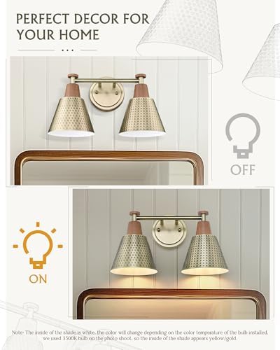 FEMILA 2 Light Bathroom Vanity Light Fixtures Over Mirror, Modern Brass Gold Bathroom Lighting Fixtures with Metal Shades, Woodgrain Finish, 4FG59B-2W BG-NW - Image 6