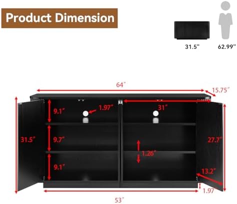 64" Fluted Buffet Cabinet with Storage, Black Sideboard Cabinet - Image 2