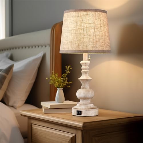 Drawealth Table Lamps for Bedrooms Set of 2 Farmhouse Bedside Lamps for Nightstand with USB Charging Ports Traditional Side Table Lamps for Living Room Wooden Finish, Pull Chain, Bulbs Not Included - Image 3