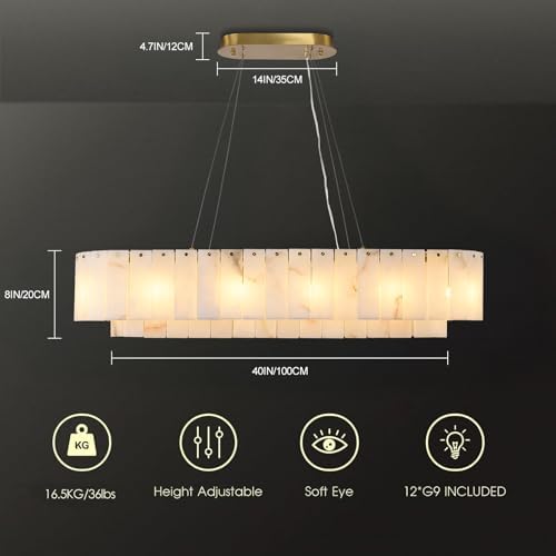 L40in Alabaster Rectangular Chandelier for Dining Room, Modern White Marble Oval Chandeliers for Kitchen Island, Rectangle Chandelier for Dining Table (Dimmable Bulbs INCL) - Image 5