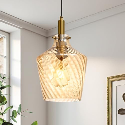 Stripes Amber Glass Pendant Light for Kitchen Island Gold 8 Inch 1 Pack by Vaziden