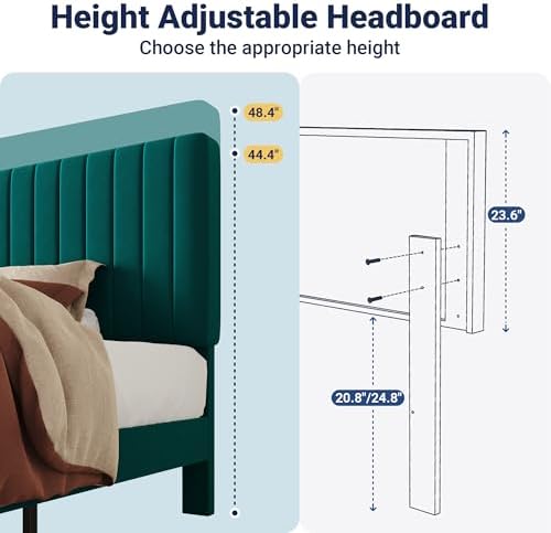 Allewie Twin Bed Frame, Velvet Upholstered Platform Bed with Adjustable Vertical Channel Tufted Headboard, Mattress Foundation with Strong Wooden Slats, Box Spring Optional, Easy Assembly, Teal - Image 6