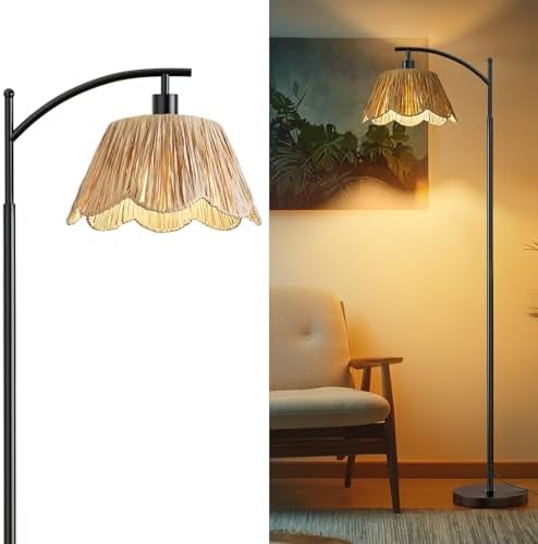 Oneach Boho Rattan Floor Lamp for Living Room, Farmhouse Standing Lamp with Hand-Woven Shade, Black Metal Base & Pole, Foot Switch - Corner Reading Lamp for Bedroom by Oneach
