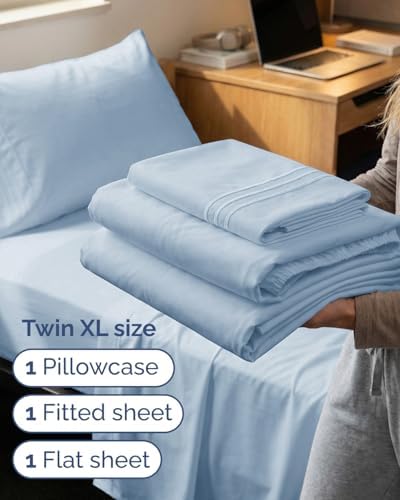 Twin XL 3 Piece Sheet Set - College Dorm Room Essentials - Sky Blue - Image 3