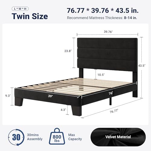 Allewie Twin Size Platform Bed Frame with Velvet Upholstered Headboard - Image 2