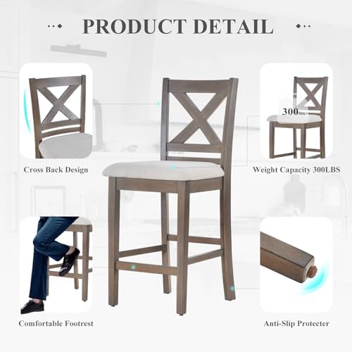 COLAMY Upholstered Counter Height Bar Stools Set of 4, Modern Kitchen Island Barstools Chairs with Cross Back and Wood Legs for Dining Room Bar, Light Brown Wash - Image 4