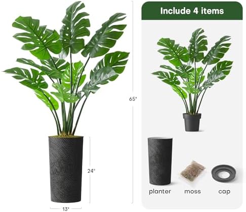 Artificial Tree in Geometric Spiral Pattern Planter, Fake Monstera Silk Tree for Indoor and Outdoor Home Decoration - 65" Overall Tall (Plant Pot Plus Tree) - Image 3