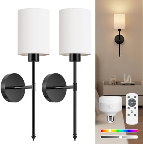 NIORSUN 20.67 inch Battery Operated Wall Sconce Set of 2, Black Rechargeable Wall Lights with 10400mAh Dimmable Bulbs and Remote, 9 Colors Wireless Wall Lamps for Bedroom Living Room Hallway by NIORSUN