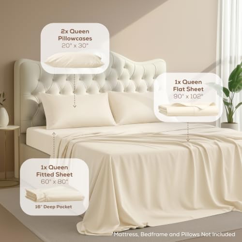 Queen Sheets Set, 4 Pieces 16" Deep Pocket Hotel Luxury Bed Sheets, Ivory - Image 2