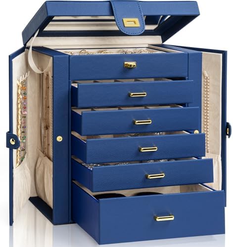 AKOZLIN 6-Tier Jewelry Box Organizer 5 Drawers Storage Blue Large by AKOZLIN