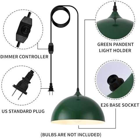 Green Plug in Pendant Light 2 Packs 11.8inch, Farmhouse Pendant Light, Kitchen Pendant Light, Pendant Lights Kitchen Island, Hanging Lights with Plug in Cord for Kitchen 14.7 ft - Image 2
