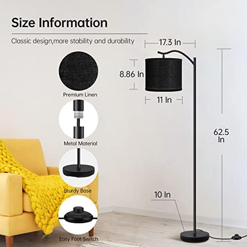 Montage Mid Century Arched Floor Lamp with Black Linen Shade, E26 Socket, Footswitch - Perfect for Living Room, Bedrooms, Office or Corner - Image 5