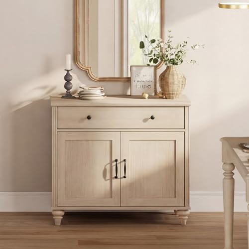 WAMPAT Farmhouse Buffet Cabinet with Doors & Drawer, Light Oak, 34 inch by WAMPAT