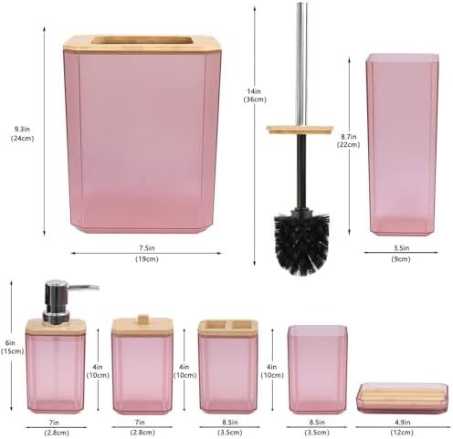 CERBIOR Bamboo Bathroom Accessories Set 7 Piece Bath Ensemble,Pink - Image 2