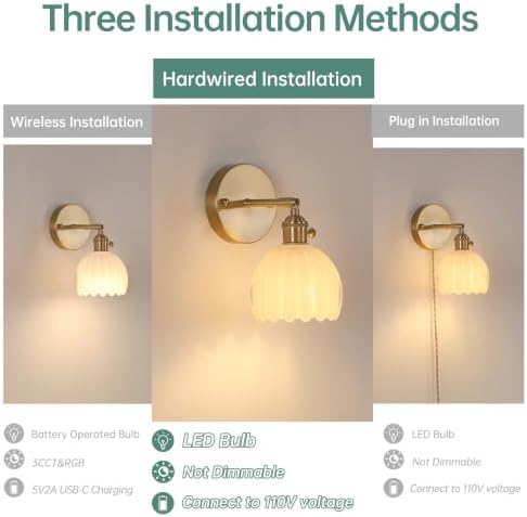 Shenmoyl Vintage Wall Sconces with White Tulip Glass Lampshade 180 Degree Adjustable Brass Sconces Hradwired Modern Wall Lighting Fixture with Switch for Bedside Bedroom Doorway - Image 2