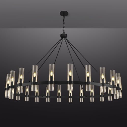 Black Wagon Wheel Chandelier, 70 Inch Glass Chandeliers, 24 Light Chandelier for High Ceiling, Modern Farmhouse Chandeliers for Living Room, Dining Room, Entryway, Stairwell(Bulbs Included) by Knurldon
