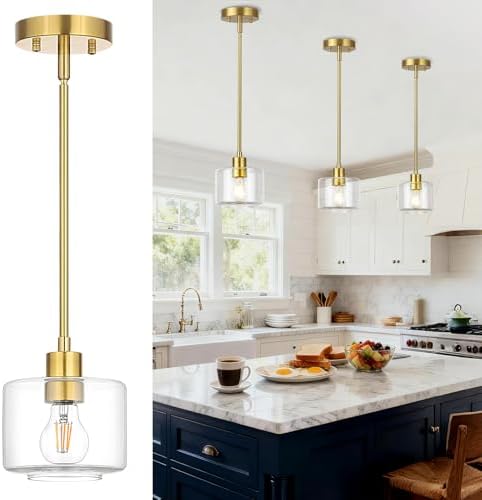 Brushed Gold Pendant Lights Kitchen Island, 1-Light Modern Clear Glass Hanging Light Fixtures with Rods, Mini Kitchen Pendant Lighting Over Island for Sink Bathroom, OS-YQ8153-1PBGC by Osimir