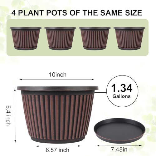 Myfeegoin Planter-Pots-for-Plants-Indoor-Outdoor, 4 Pack 10 Inch Plastic Flower Pots with Saucer & Drainage Holes, Modern Garden Planters for Planting Medium Large Plants，Decorative Resin Garden Pots - Image 4