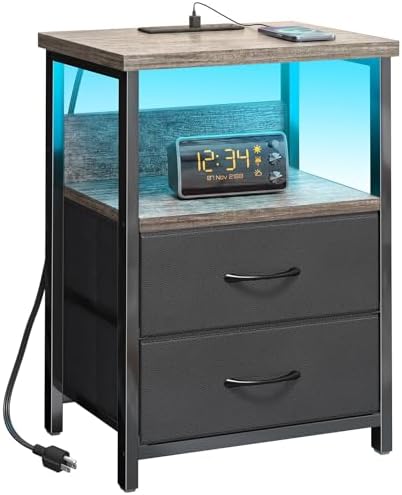 Fixwal Night Stand with Charging Station, Led Nightstand, 2 Fabric Drawers by Fixwal
