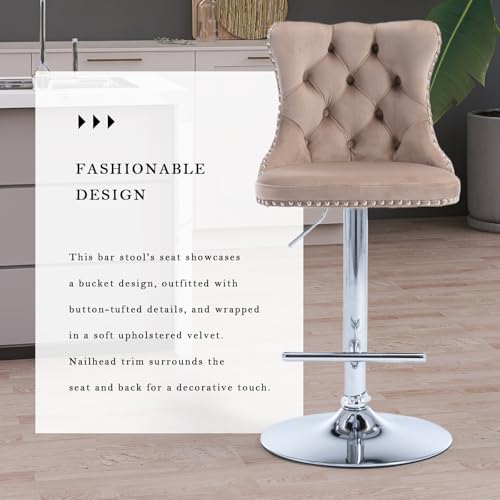 SoarFlash Velvet Bar Stool Set of 2, Adjustable Swivel Bar Stools with Silver Plated Metal Leg, Button Tufted, Footrest, Chrome Nailhead, Counter Height Chair for Kitchen, Bar, Dining Room (Khaki) - Image 6