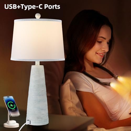 Terpsichore Nightstand Lamp Desk Lamp Vintage Bedside Lamps Set of 2 Rustic Farmhouse Table Lamps 3 Way Dimmable Light,Suitable for Living Room Bedroom,with Linen Shade LED Bulb,USB A+C Port - Image 2
