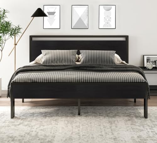 SHA CERLIN 14 Inch King Size Metal Platform Bed Frame with Wooden Headboard and Footboard, Mattress Foundation, No Box Spring Needed, Large Under Bed Storage,Black Oak - Image 3