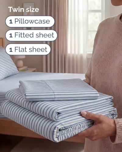 Twin Size 3 Piece Sheet Set - Breathable & Cooling Sheets - Blue Stripes - Image 3