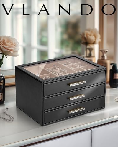 VLANDO Jewelry Box for Women, Glass Lid Jewelry Organizer with 3 Drawers for Necklaces Rings Earrings Bracelets - Black - Image 2