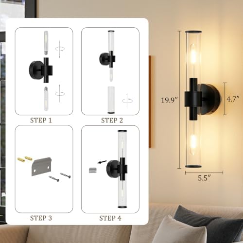 Morauroral Black Battery Operated Wall Sconces Set of 2, Rechargeable Wall Lights with Remote, 20 Inch Modern Wireless Wall Lamp for Bedroom, Living Room with Glass Shade (Bulbs Included) - Image 5