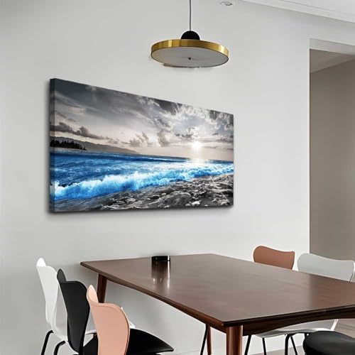 hyidecorart Wall Decor For Living Room Framed Canvas Wall Art For Office Bedroom Decorations Blue Ocean Wall Painting Black and White Beach Pictures Artwork Modern Mural Home Walls Decor - Image 5