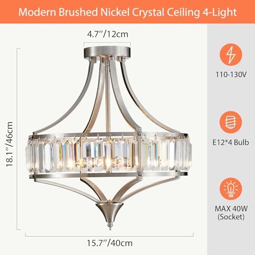 Brushed Nickel 4-Light Crystal Semi Flush Mount Ceiling Light Fixture Rustic Farmhouse Ceiling Lighting with Round Metal Shade Chandelier for Dining Room, Hallway, Bedroom, Foyer - Image 3