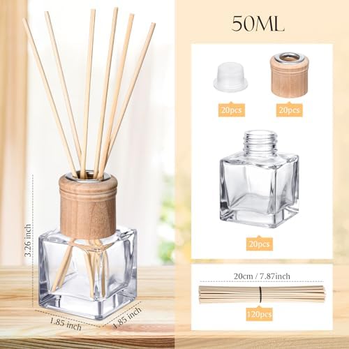 Roshtia 20 Set Reed Diffuser Bottle Empty Fragrance Glass Diffuser Bottles Refillable Diffuser Bottles Set with Wooden Caps and Rattan Sticks 50ml 1.7 Oz Diffuser Glass Jars for DIY Fragrance (Square) - Image 2