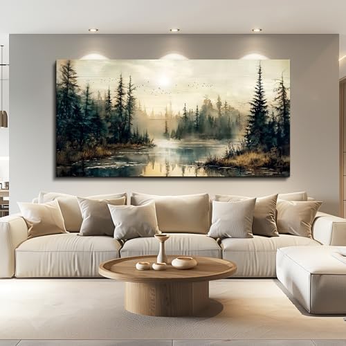 FUHAIHUA Large Wall Decor For Living Room Canvas Wall Art For Office Farmhouse Wall Decorations For Bedroom Forest River Landscape Paintings Modern Pictures Artwork Room Home Decor 24x48 In - Image 3