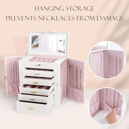 Kendal Extra Large Jewelry Box Jewelry Case PU Leather 6 Tier 5 Drawers Large Storage Capacity with Mirror Jewelry Storage Organizer Great Gift Also Good For Watches LJC-SHD5CM(White) - Image 4