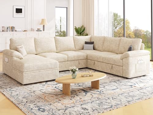 106'' Modular Sectional Sofa with Pull Out Bed, Sleeper Sofa, Beige - Image 2