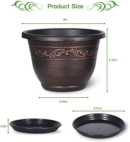 Plastic-Plant-Flower-Planters-8 Inch With Drainage Hole & Saucer, 6 Packs Lightweight Small Resin Flower Pot Indoor Outdoor, Retro Antique Imitation Decorative Garden Containers Sets For Houseplants - Image 2