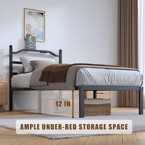 SHOANED Twin Size Bed Frame - 14 Inch Metal Heavy Duty Bedframe with Charging Station Black Basic Steel Slats Platform with Headboard No Box Spring Needed/Easy Assembly - Image 4