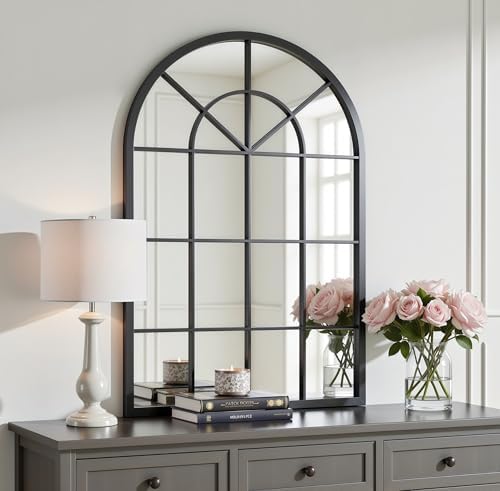 Dewfig Arched Wall Mirror, 42"x30" Metal Frame Windowpane Mirror, Black - Image 2