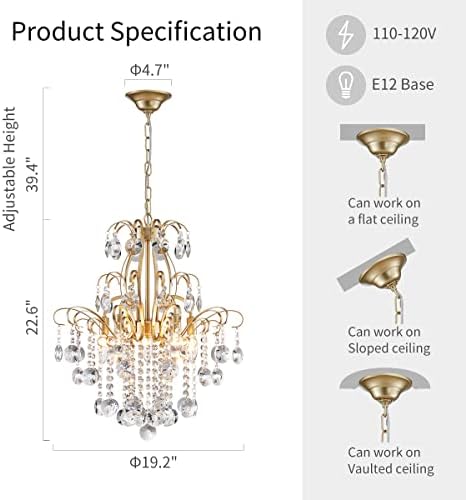 WUZUPS Crystal Chandelier 5-Light Pendant Ceiling Light Modern Lighting Fixture for Bedroom Hallway Bar Kitchen Bathroom, H 22.6'' x W 19.2'', E12 Base, Gold - Image 2