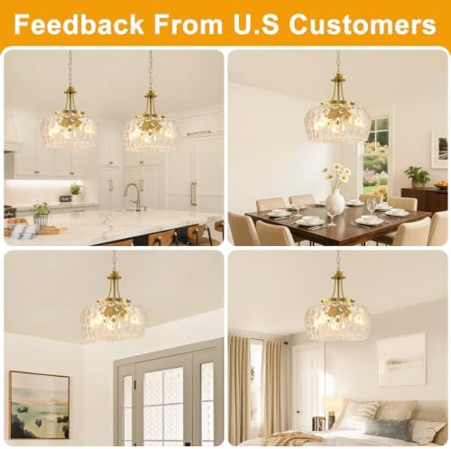 Modern Pendant Lights Kitchen Island, 3-Light Gold Pendant Light Fixtures with 14.2" Clear Hammered Glass Shade, Industrial Hanging Pendant Lights Fixture for Kitchen Island, Dining Room, Entryway - Image 4