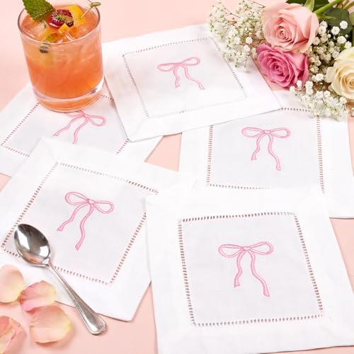 LemonRoad Embroidered White Linen Cocktail Napkin 6x6 inch Pink Bow Napkin Gift for Women Set of 12 Cloth Cocktail Washable Linen Hemstitch for Wedding,Birthday Bachelorette Pink Bow Themed Party - Image 4