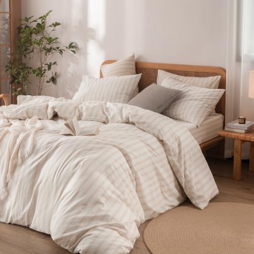 BESTOUCH Striped Cotton Duvet Cover Set Linen Feel Super King - Image 6